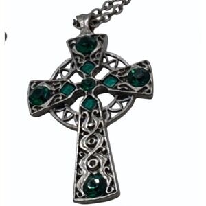 Silver Tone Celtic Cross Pendant Necklace Green Rhinestones EUC